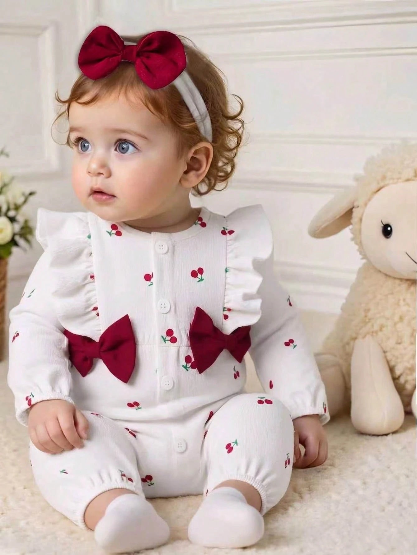 Newborn Baby Girls Cute Cartoon Cherry Print Collared Snap-Button Ruffle Trim Contrast Bow Long Sleeve Romper With Headband