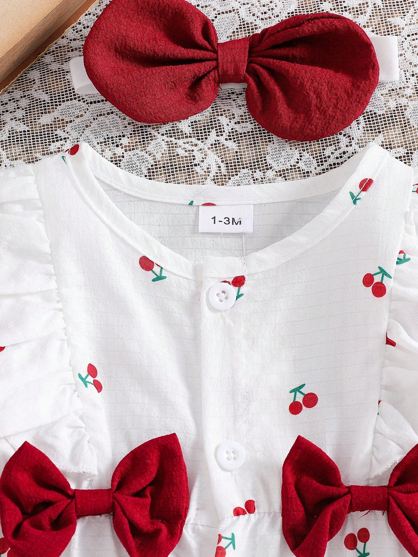 Newborn Baby Girls Cute Cartoon Cherry Print Collared Snap-Button Ruffle Trim Contrast Bow Long Sleeve Romper With Headband