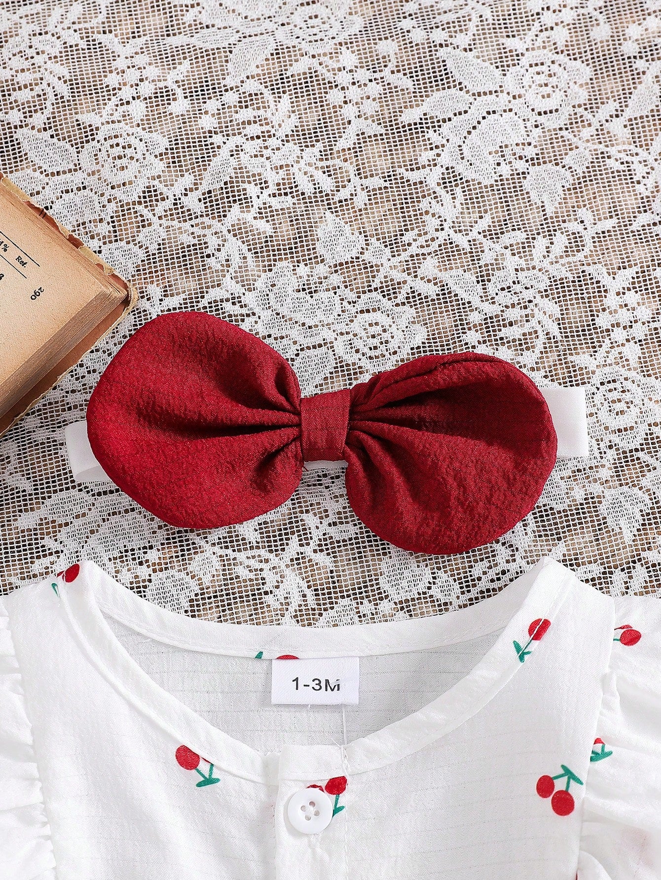 Newborn Baby Girls Cute Cartoon Cherry Print Collared Snap-Button Ruffle Trim Contrast Bow Long Sleeve Romper With Headband