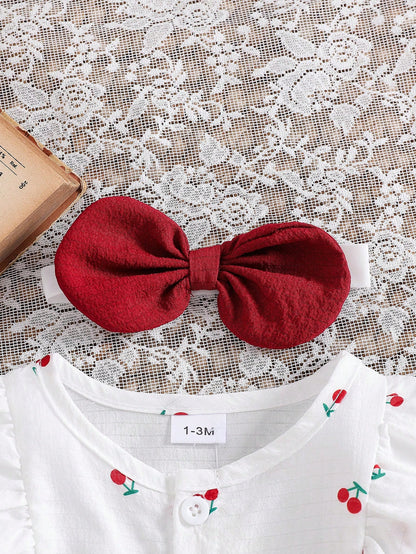 Newborn Baby Girls Cute Cartoon Cherry Print Collared Snap-Button Ruffle Trim Contrast Bow Long Sleeve Romper With Headband