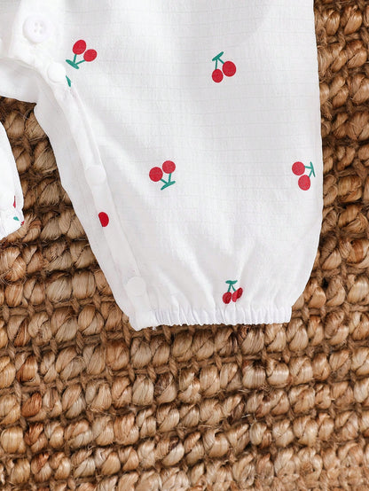 Newborn Baby Girls Cute Cartoon Cherry Print Collared Snap-Button Ruffle Trim Contrast Bow Long Sleeve Romper With Headband
