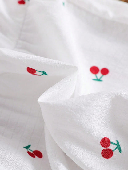 Newborn Baby Girls Cute Cartoon Cherry Print Collared Snap-Button Ruffle Trim Contrast Bow Long Sleeve Romper With Headband
