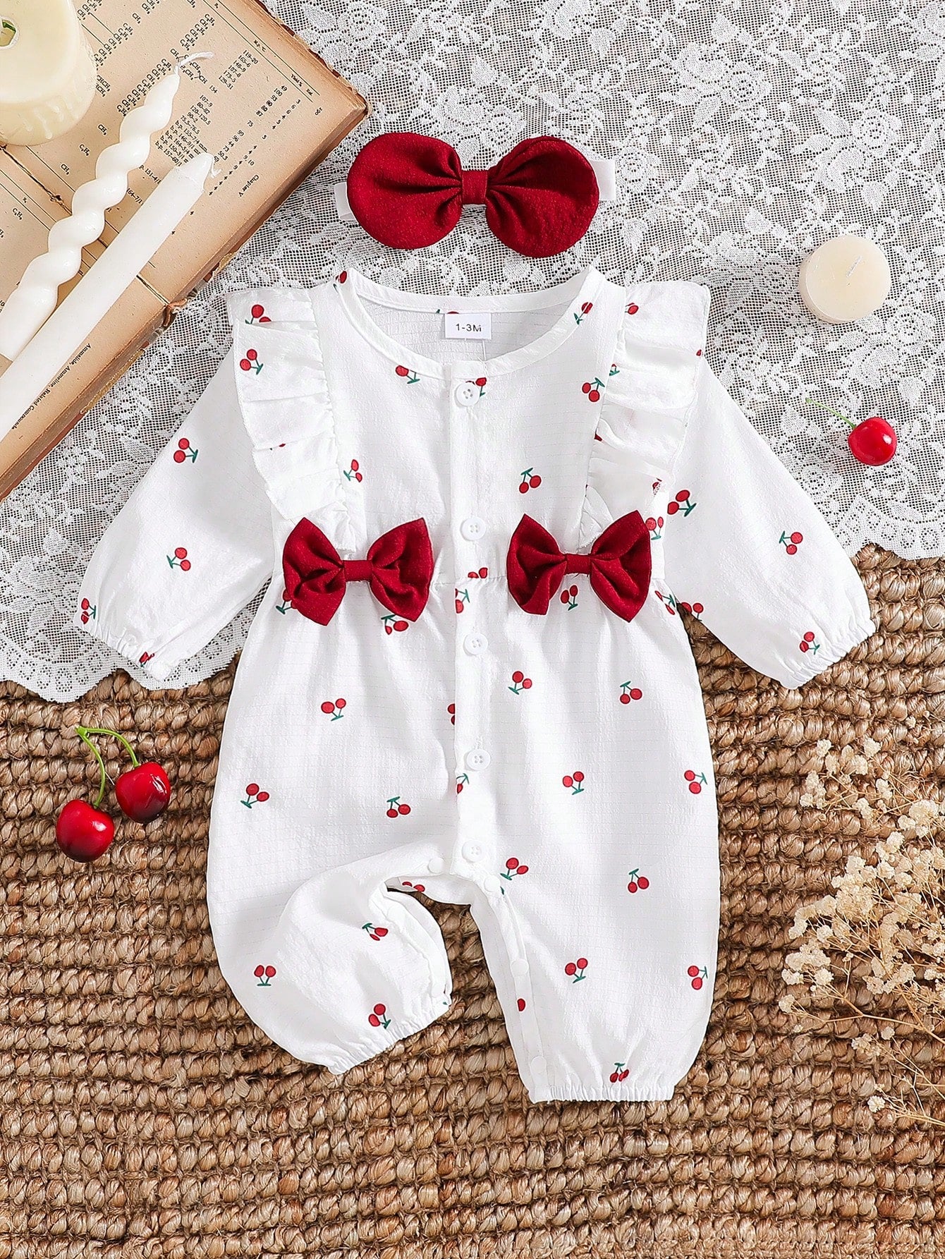 Newborn Baby Girls Cute Cartoon Cherry Print Collared Snap-Button Ruffle Trim Contrast Bow Long Sleeve Romper With Headband