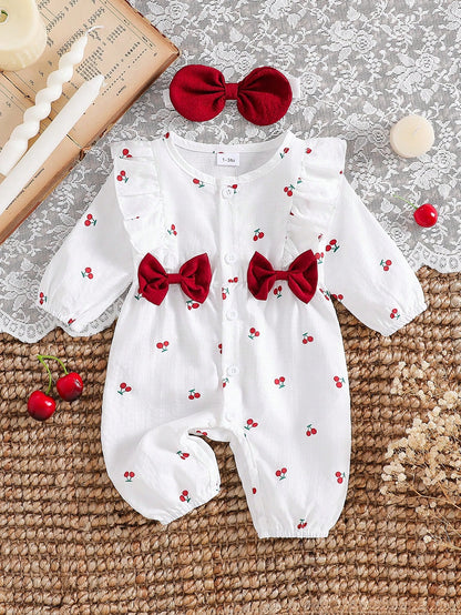 Newborn Baby Girls Cute Cartoon Cherry Print Collared Snap-Button Ruffle Trim Contrast Bow Long Sleeve Romper With Headband
