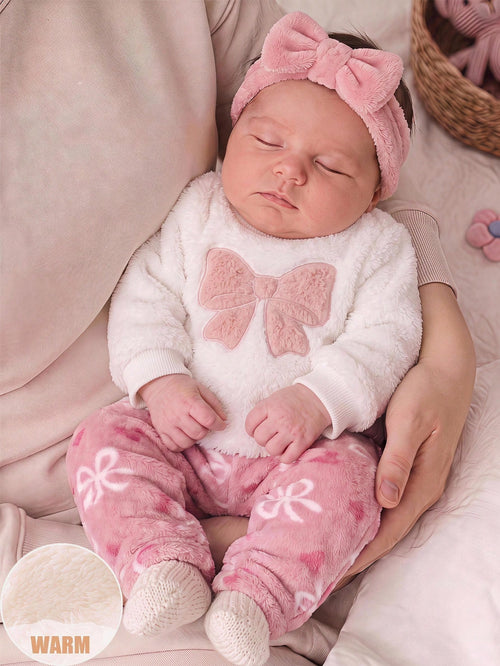 Newborn Baby Pajamas Autumn/Winter Cute Casual Bowknot Heart Fabric Large Bowknot Pattern Long Sleeve Sleepwear Pants Loungewear Set