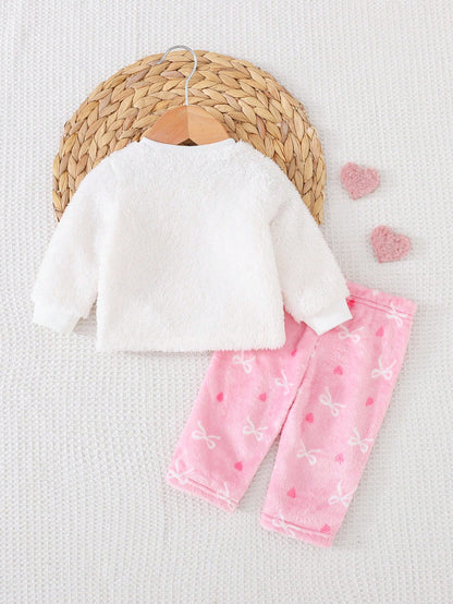 Newborn Baby Pajamas Autumn/Winter Cute Casual Bowknot Heart Fabric Large Bowknot Pattern Long Sleeve Sleepwear Pants Loungewear Set