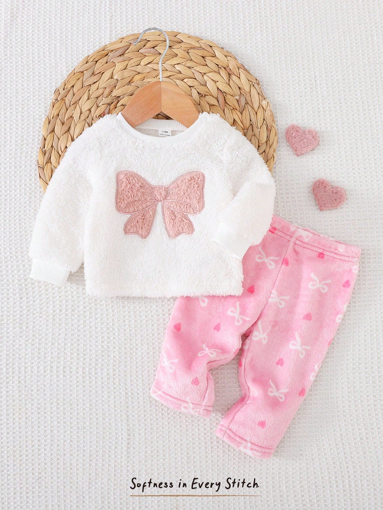 Newborn Baby Pajamas Autumn/Winter Cute Casual Bowknot Heart Fabric Large Bowknot Pattern Long Sleeve Sleepwear Pants Loungewear Set