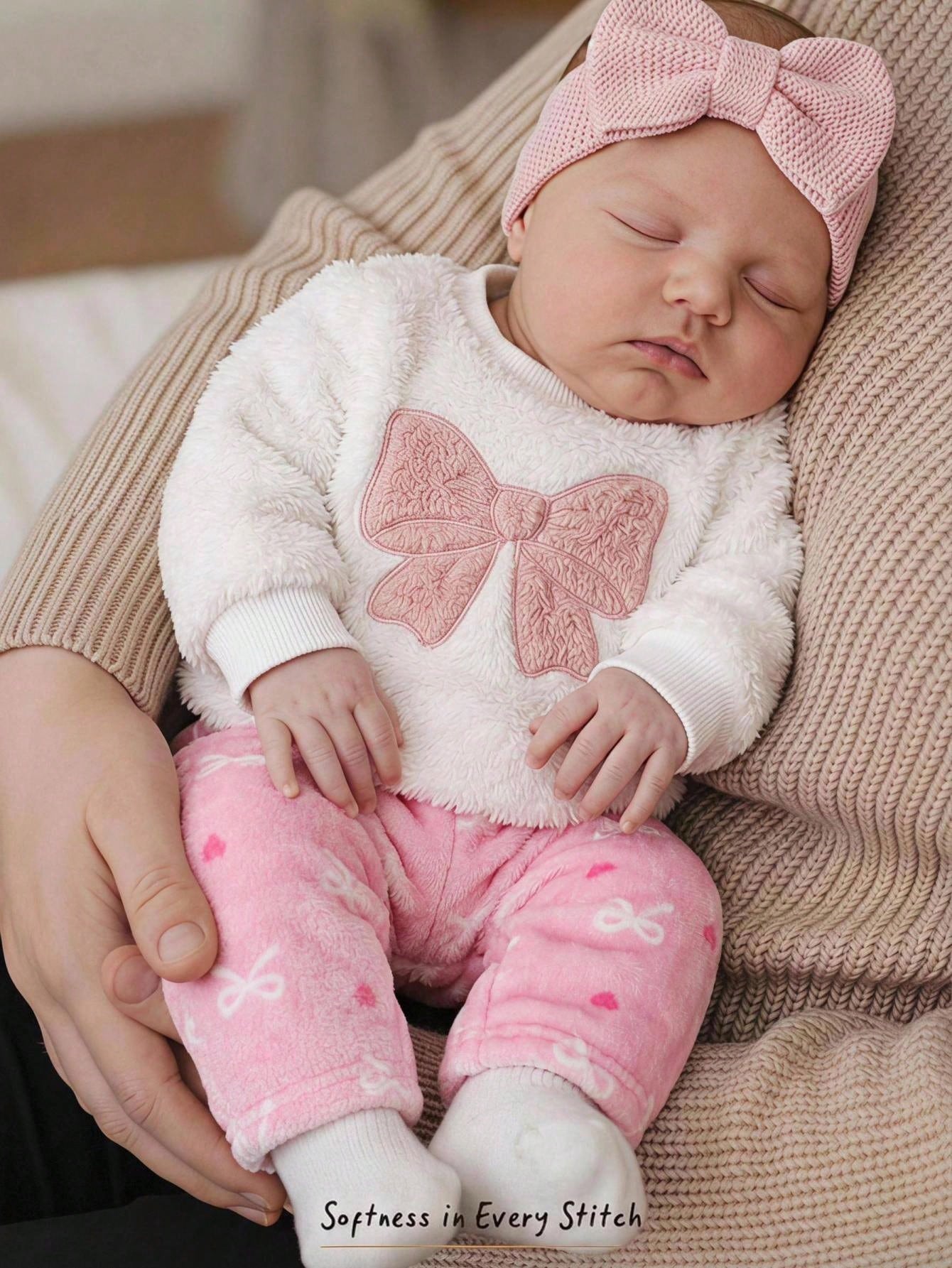 Newborn Baby Pajamas Autumn/Winter Cute Casual Bowknot Heart Fabric Large Bowknot Pattern Long Sleeve Sleepwear Pants Loungewear Set