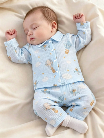 Newborn Baby Set, Infant Autumn Outfit, Hot Air Balloon Print Collared Set, Long Sleeve Baby Spring/Autumn Style, Pure Cotton Fabric, Unisex For Boys And Girls, Daily Wear, Cartoon Airplane, Clo
