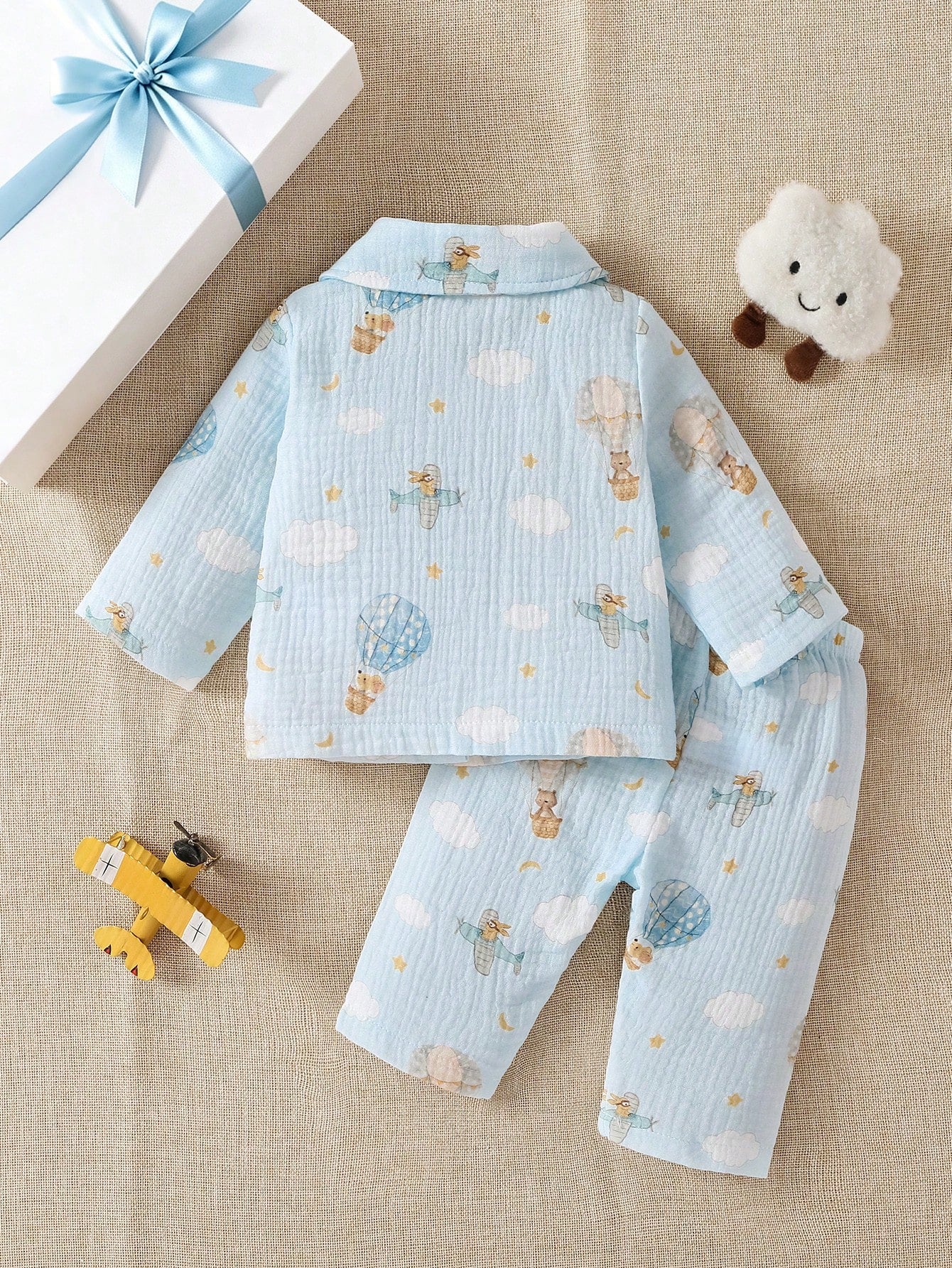 Newborn Baby Set, Infant Autumn Outfit, Hot Air Balloon Print Collared Set, Long Sleeve Baby Spring/Autumn Style, Pure Cotton Fabric, Unisex For Boys And Girls, Daily Wear, Cartoon Airplane, Clo