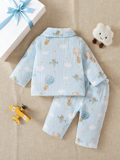 Newborn Baby Set, Infant Autumn Outfit, Hot Air Balloon Print Collared Set, Long Sleeve Baby Spring/Autumn Style, Pure Cotton Fabric, Unisex For Boys And Girls, Daily Wear, Cartoon Airplane, Clo