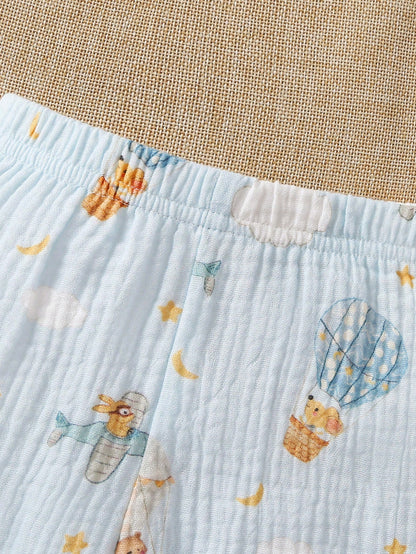 Newborn Baby Set, Infant Autumn Outfit, Hot Air Balloon Print Collared Set, Long Sleeve Baby Spring/Autumn Style, Pure Cotton Fabric, Unisex For Boys And Girls, Daily Wear, Cartoon Airplane, Clo
