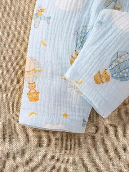 Newborn Baby Set, Infant Autumn Outfit, Hot Air Balloon Print Collared Set, Long Sleeve Baby Spring/Autumn Style, Pure Cotton Fabric, Unisex For Boys And Girls, Daily Wear, Cartoon Airplane, Clo