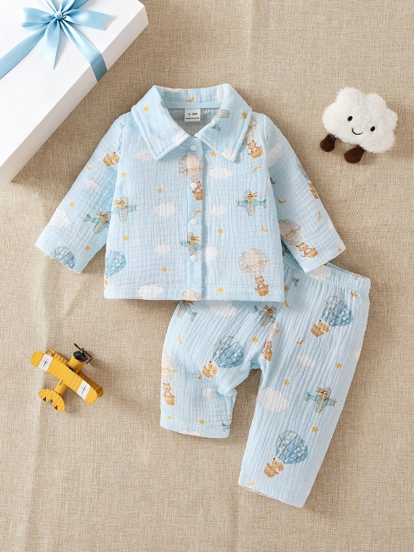 Newborn Baby Set, Infant Autumn Outfit, Hot Air Balloon Print Collared Set, Long Sleeve Baby Spring/Autumn Style, Pure Cotton Fabric, Unisex For Boys And Girls, Daily Wear, Cartoon Airplane, Clo