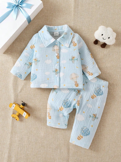 Newborn Baby Set, Infant Autumn Outfit, Hot Air Balloon Print Collared Set, Long Sleeve Baby Spring/Autumn Style, Pure Cotton Fabric, Unisex For Boys And Girls, Daily Wear, Cartoon Airplane, Clo