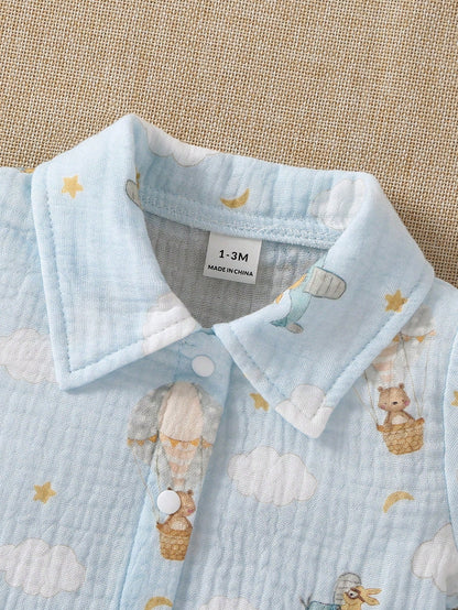 Newborn Baby Set, Infant Autumn Outfit, Hot Air Balloon Print Collared Set, Long Sleeve Baby Spring/Autumn Style, Pure Cotton Fabric, Unisex For Boys And Girls, Daily Wear, Cartoon Airplane, Clo