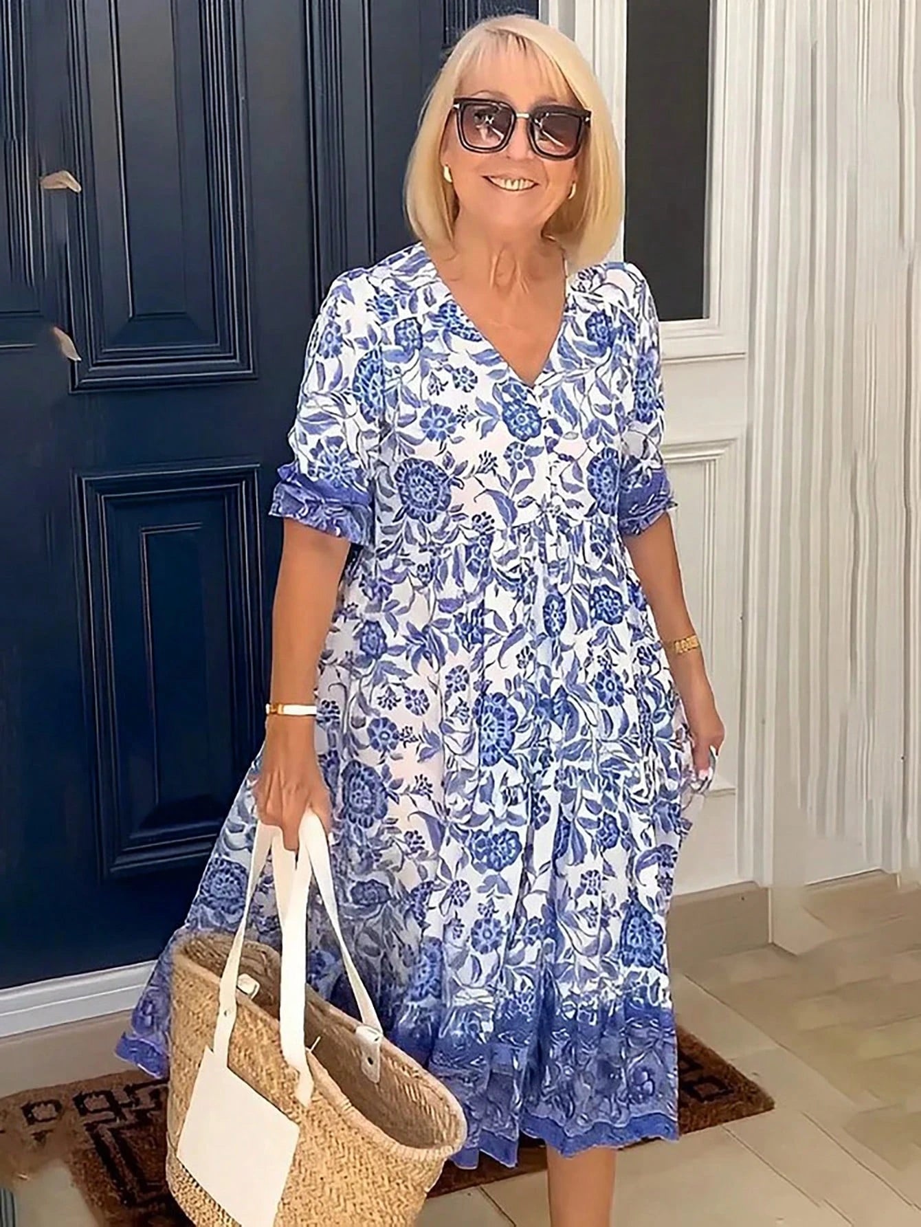 (Non-Positioned Print) Elegant Commuter Long Print Tie-Dye Loose Versatile Dress, Suitable For Women Vacation Casual Summer