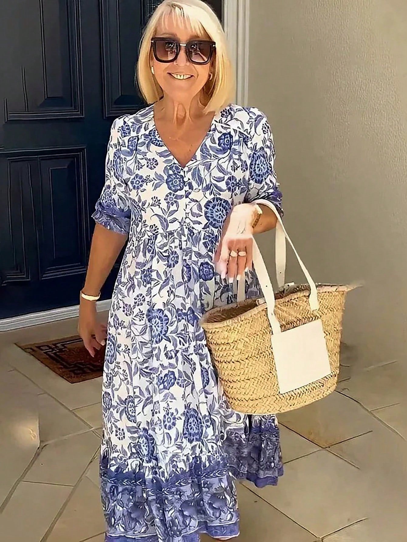(Non-Positioned Print) Elegant Commuter Long Print Tie-Dye Loose Versatile Dress, Suitable For Women Vacation Casual Summer