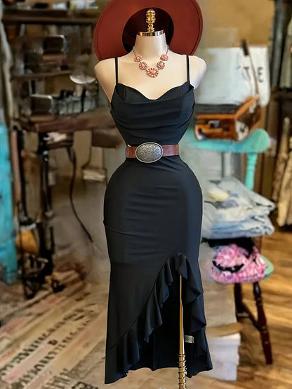 NostaNoir Women's Fashion Solid Color Asymmetrical Hem Slit Camisole Dress (Belt Not Included)