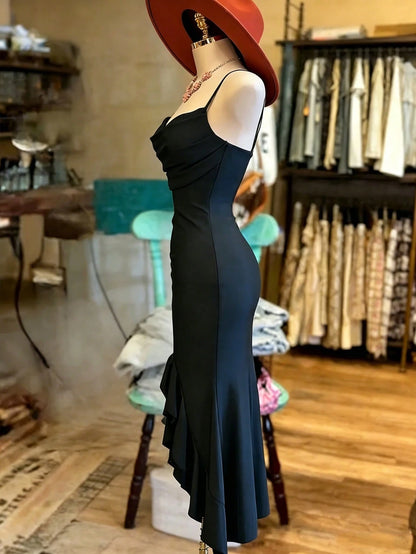 NostaNoir Women's Fashion Solid Color Asymmetrical Hem Slit Camisole Dress (Belt Not Included)