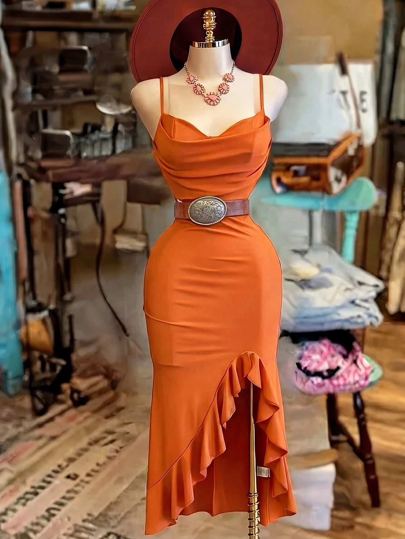 NostaNoir Women's Fashion Solid Color Asymmetrical Hem Slit Camisole Dress (Belt Not Included)