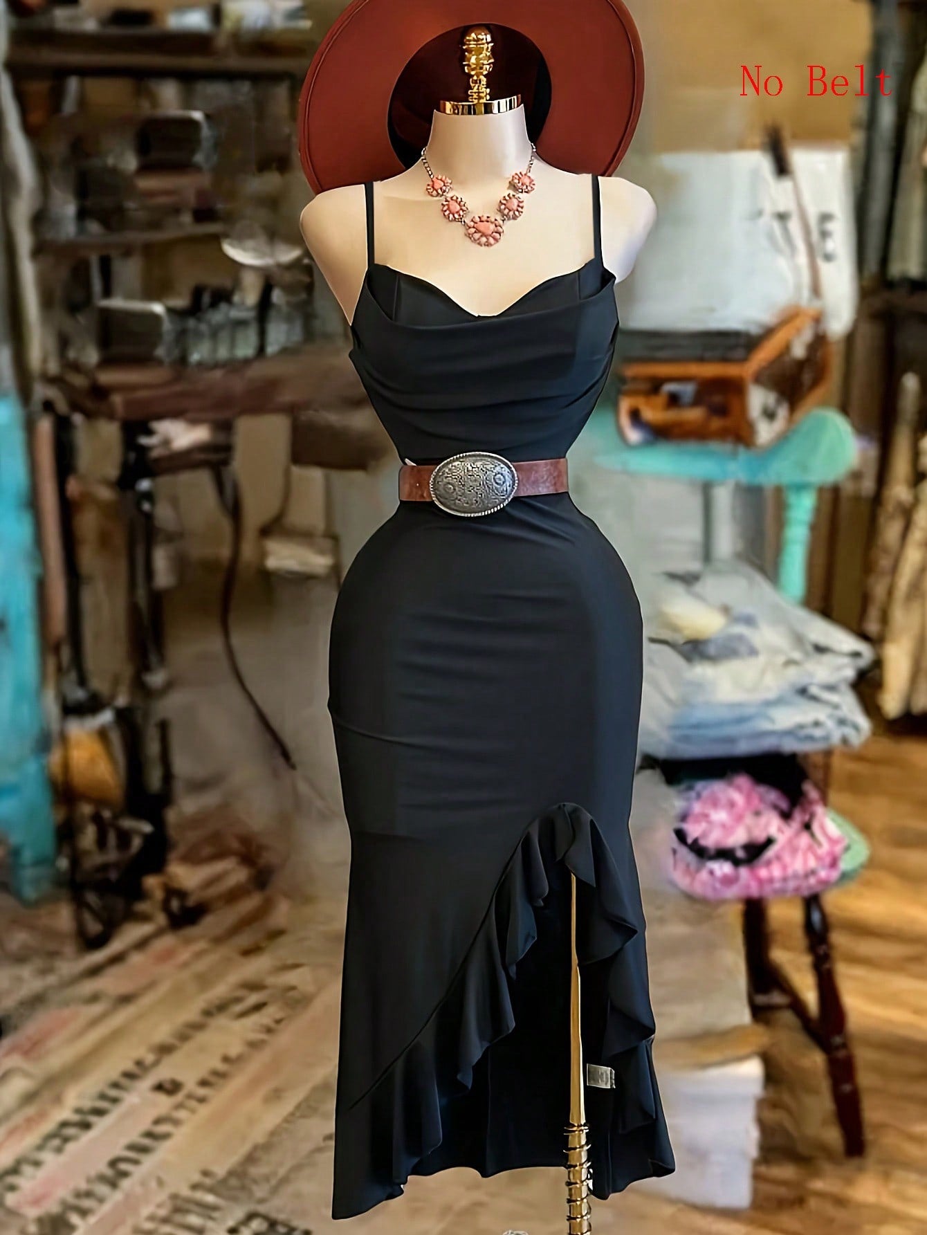 NostaNoir Women's Fashion Solid Color Asymmetrical Hem Slit Camisole Dress (Belt Not Included)