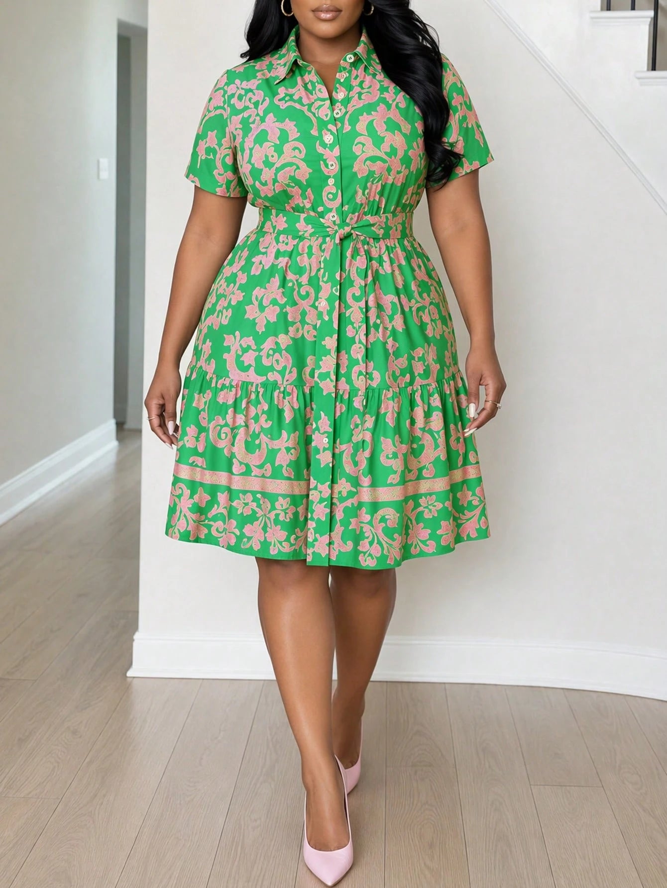 NOU Women's Mid-Length Dress With Vertical Button Front Design, Versatile For Different Occasions, Collared Neckline, Basic Short Sleeve, Simple And Suitable For Work Commute, Tie Waist To Flatter Wai