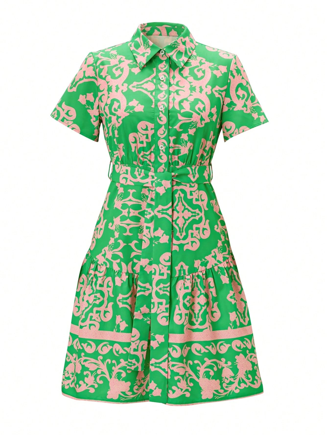 NOU Women's Mid-Length Dress With Vertical Button Front Design, Versatile For Different Occasions, Collared Neckline, Basic Short Sleeve, Simple And Suitable For Work Commute, Tie Waist To Flatter Wai