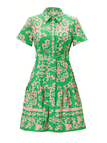 NOU Women's Mid-Length Dress With Vertical Button Front Design, Versatile For Different Occasions, Collared Neckline, Basic Short Sleeve, Simple And Suitable For Work Commute, Tie Waist To Flatter Wai
