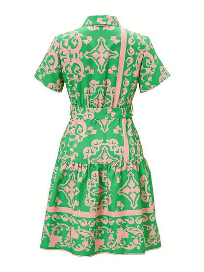 NOU Women's Mid-Length Dress With Vertical Button Front Design, Versatile For Different Occasions, Collared Neckline, Basic Short Sleeve, Simple And Suitable For Work Commute, Tie Waist To Flatter Wai