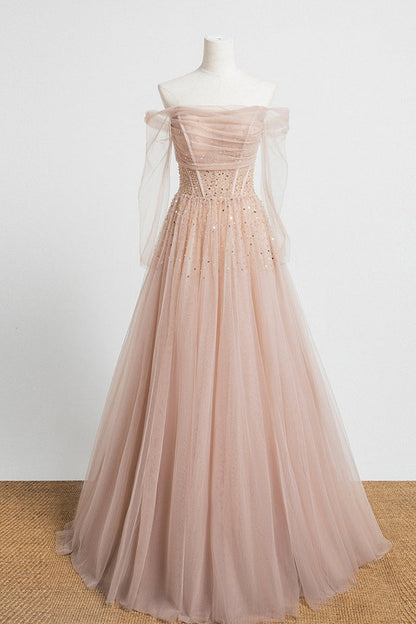 Nude Long Sleeves Tulle and Sequins Long Prom Dress