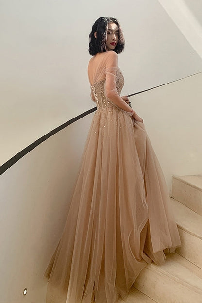 Nude Long Sleeves Tulle and Sequins Long Prom Dress