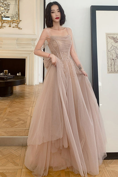 Nude Long Sleeves Tulle and Sequins Long Prom Dress