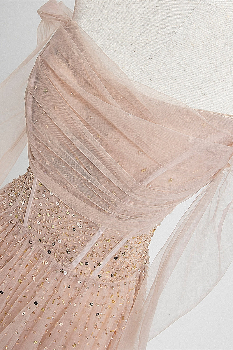 Nude Long Sleeves Tulle and Sequins Long Prom Dress