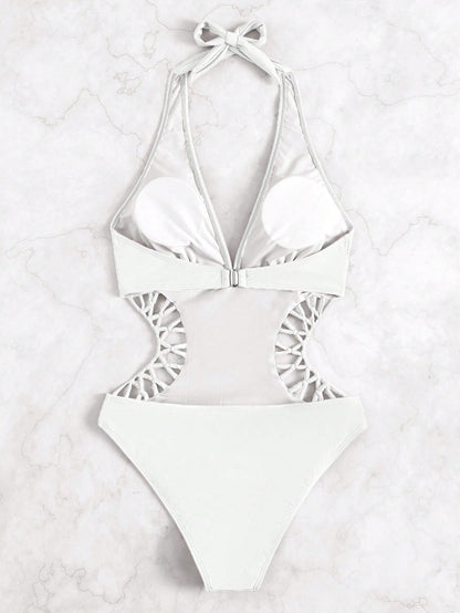 Oceva Halter Tie Solid Color Cutout Waist One-Piece Swimsuit For Women