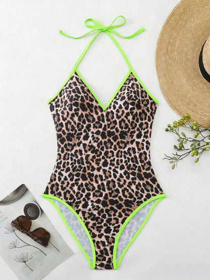 Oceva Summer New Leopard Print One-Piece Swimsuit,Vintage Halter Backless Beach Vacation Brown Summer Cute Animal Print Neon Trim Cheetah Bathing Suit