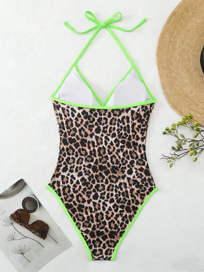 Oceva Summer New Leopard Print One-Piece Swimsuit,Vintage Halter Backless Beach Vacation Brown Summer Cute Animal Print Neon Trim Cheetah Bathing Suit