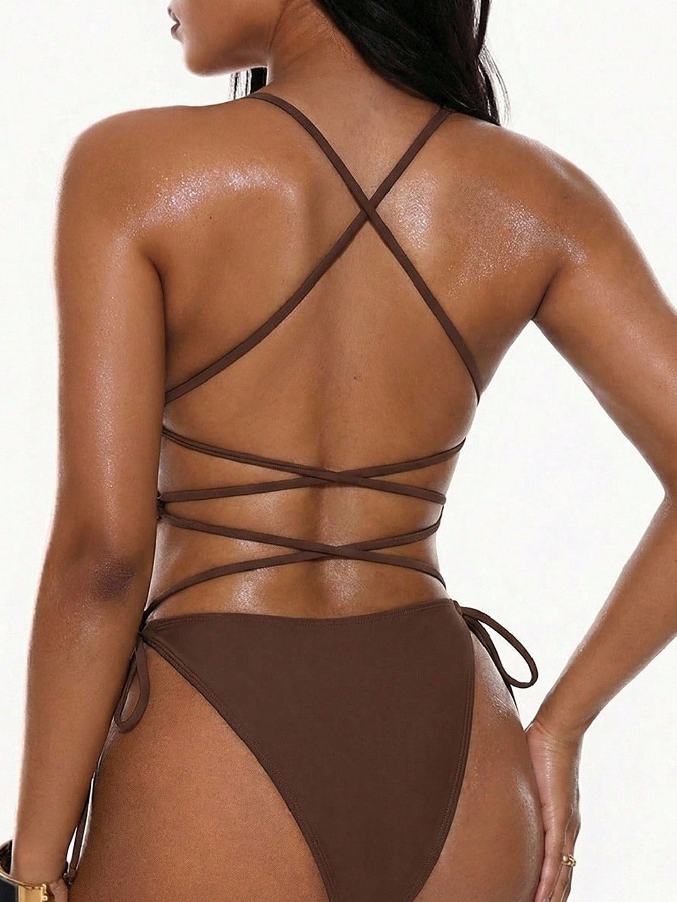 Oceva Women's Sexy Backless Halter One-Piece Swimsuit With Rivet Design, Suitable For Vacation Brown Monokini Brown Swimsuit Women Brown Bodysuit