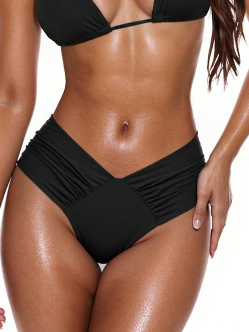 Oceva Women's Solid Color Ruched V-Shaped Bikini Bottom