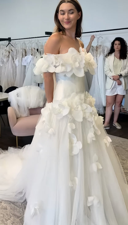 Off The Shoulder 3D Floral Wedding Dresses Tulle A-line Bridal Dress, AST1923