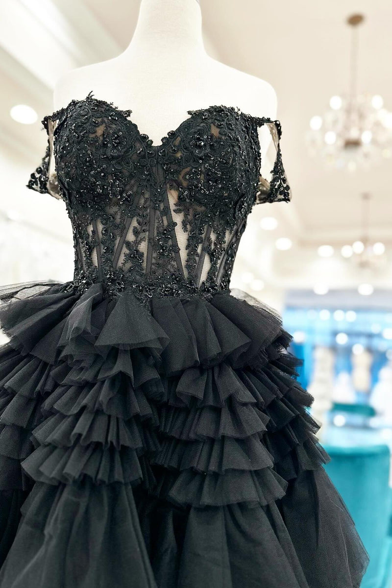 Off the Shoulder Black Lace Appliques Ruffles Long Formal Dress