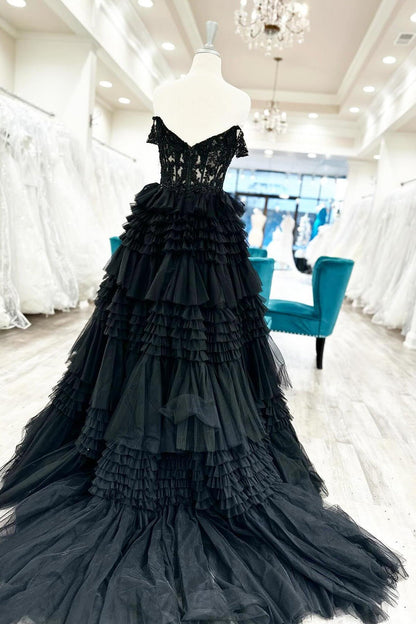 Off the Shoulder Black Lace Appliques Ruffles Long Formal Dress