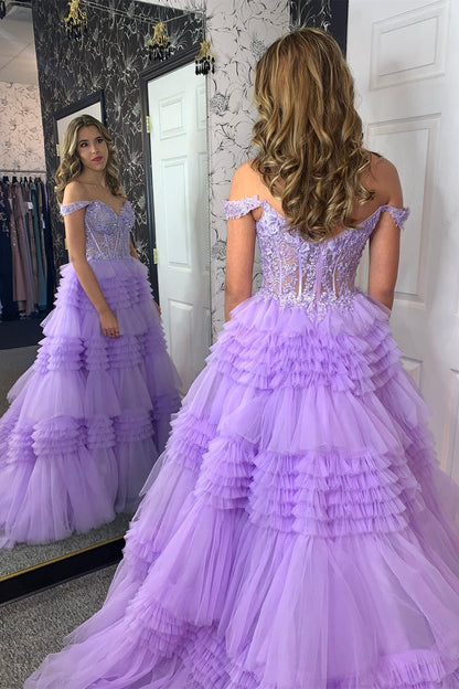 Off the Shoulder Black Lace Appliques Ruffles Long Formal Dress
