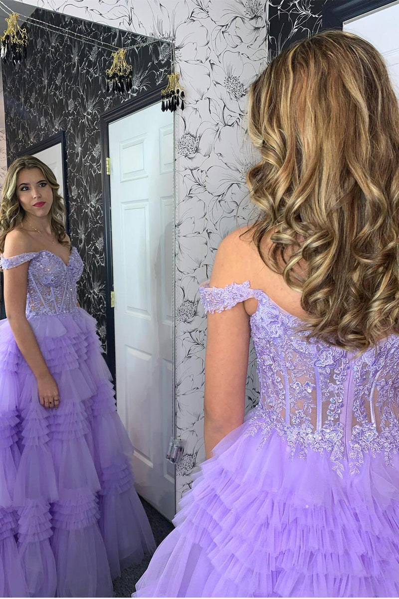 Off the Shoulder Black Lace Appliques Ruffles Long Formal Dress