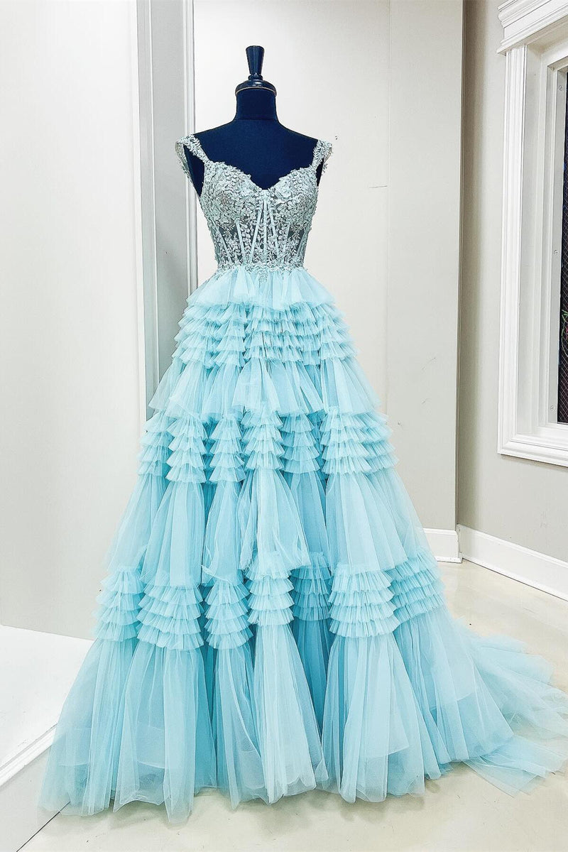 Off the Shoulder Black Lace Appliques Ruffles Long Formal Dress