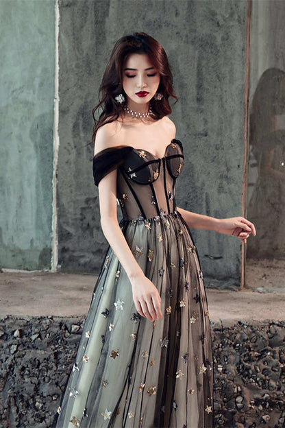 Off the Shoulder Black Long Party Dress with Stars