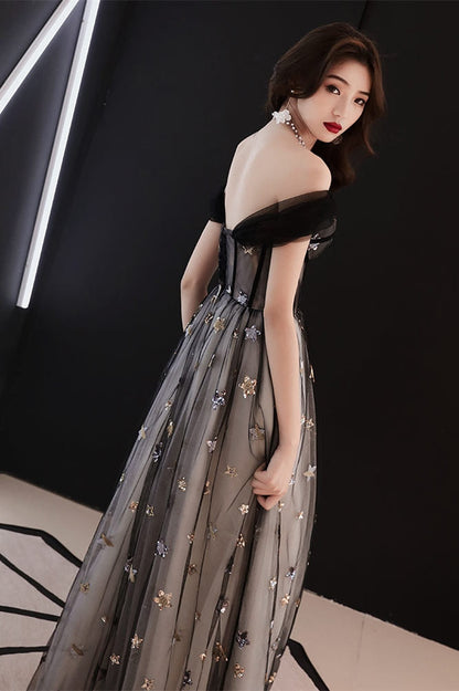 Off the Shoulder Black Long Party Dress with Stars