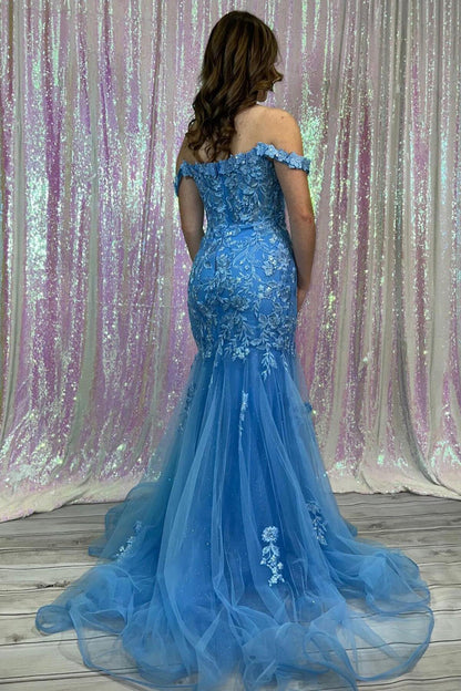 Off the Shoulder Blue Lace Appliques Mermaid Prom Dress