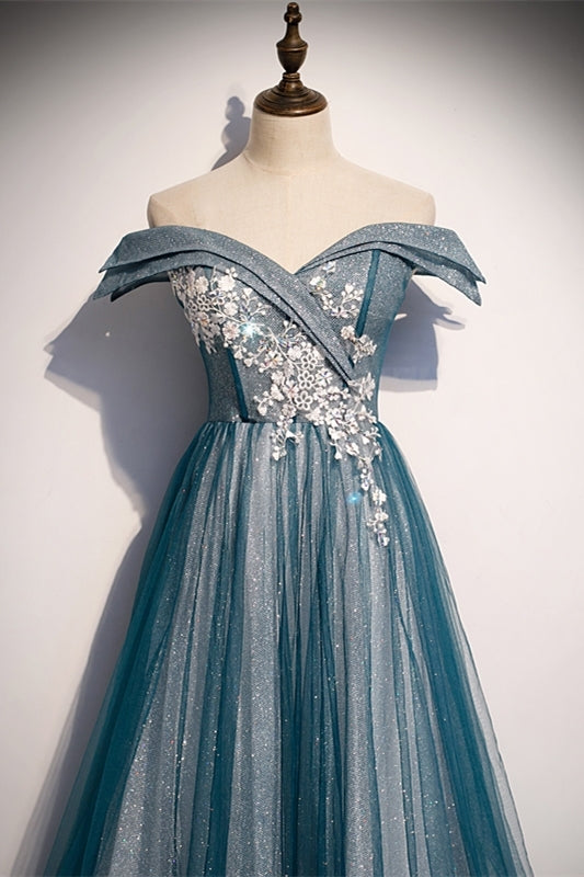 Off the Shoulder Blue Long Party Dress