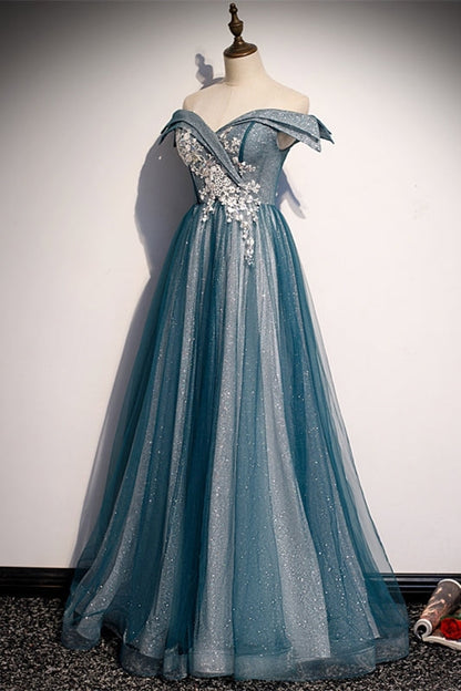 Off the Shoulder Blue Long Party Dress